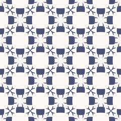 Vector geometric grid texture. Abstract floral seamless pattern. Navy blue and white ornament with flower silhouettes, crosses, lattice, repeat tiles. Elegant ornamental texture. Design for decoration