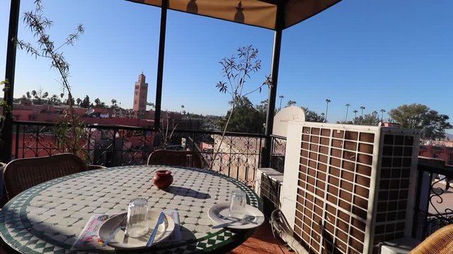 View of the Koutoubia Mosque from a rooftop patio in Marrakech Morocco