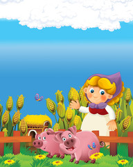 Fototapeta premium cartoon scene with happy farmer woman on the farm ranch illustration for the children