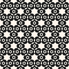 Vector minimalist geometric seamless pattern. Simple black and white texture with small stars, floral shapes, grid, net. Abstract minimal monochrome background. Repeatable design for decor, covers