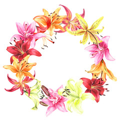 Wreath of colourful lilies, watercolor hand drawing, lilies on an isolated white background. stock illustration. Design artwork for postcard, wedding invitation, greeting card.