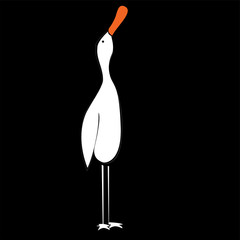 Cartoon style funny duck image with long legs and orange bill.