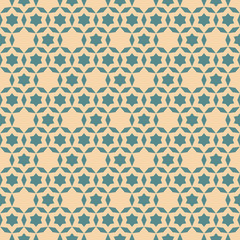 Vector minimal geometric seamless pattern. Simple texture with small stars, flower shapes, grid, net, lattice. Abstract background in pastel colors, tan and teal. Retro vintage style repeated design