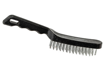 Steel wire brush with handle from black plastic for cleaning and polishing hard or metal equipment, isolated on white background