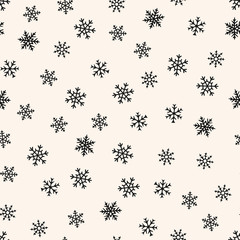 Snow seamless pattern. Vector monochrome background with simple scattered snowflakes. Elegant vector texture. Winter holiday Christmas theme. Black and white abstract repeat design for decor, print