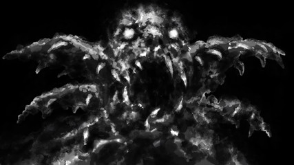 Scary monster face with opened mouth. Black and white © likozor