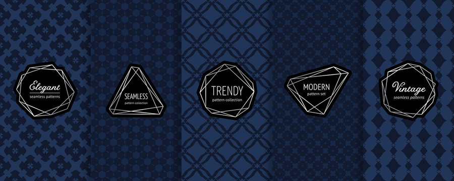 Luxury dark vector seamless pattern collection. Set of geometric background swatches with modern minimal silver labels. Elegant abstract deep blue ornament textures. Premium design for decor, package
