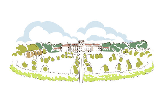 sketchy landscape with building and trees clip art preview