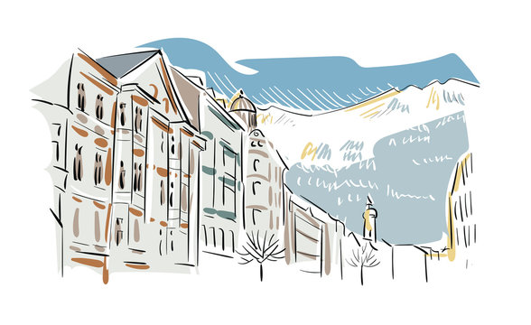 cityscape sketch, buildings, mountains, color clip art preview