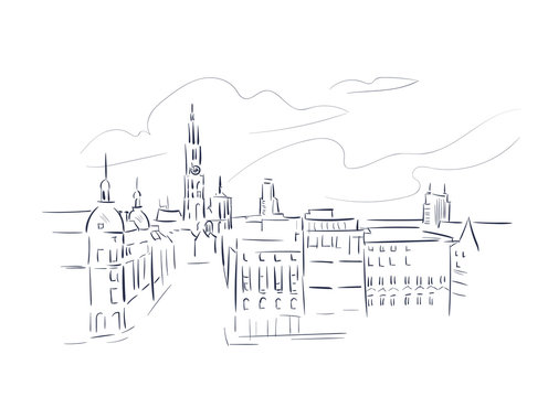 cityscape sketch, black and white, buildings clip art preview