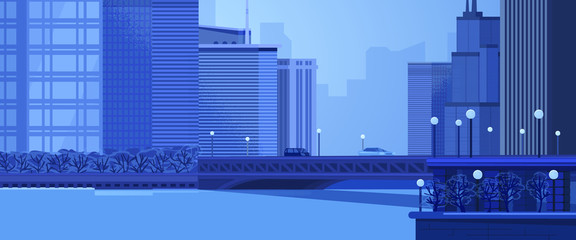 Cityscape with buildings, skyscrapers. The bridge over the river with passing cars. Life in a big city. Streets of a modern residential area at sunrise or sunset. Vector illustration.
