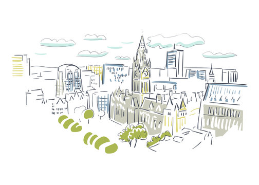 cityscape sketch, buildings, green trees, white background clip art preview