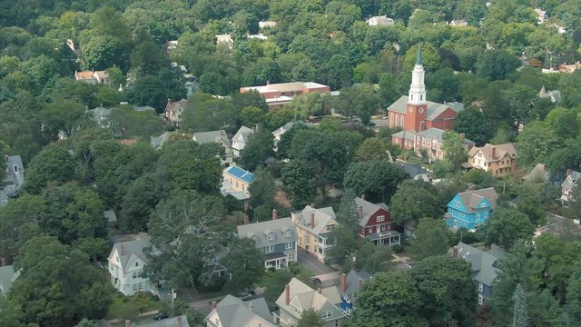 Aerial: suburbs and housing in New Haven, city of Yale University.  Connecticut, US.