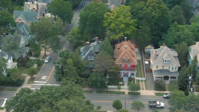 Aerial: suburbs and housing in New Haven, city of Yale University.  Connecticut, US.
