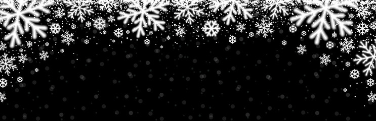 Black Christmas Banner With White Blurred Snowflakes Merry