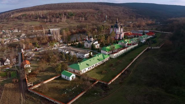 Orbital aerial drone view of Curchi Monastery in Orhei, Moldova