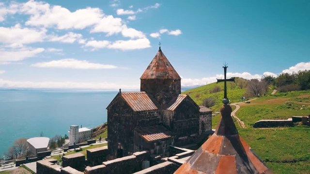 Aerial of Sevanavank Monastery on Lake Sevan in the Caucasus mountains of Armenia.