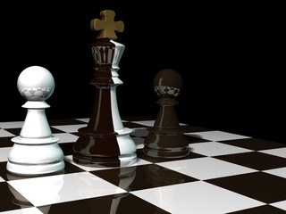 King chess piece with striped or black and white coloring on the chessboard. The concept of betrayal of politicians, treason, espionage. 3D rendering
