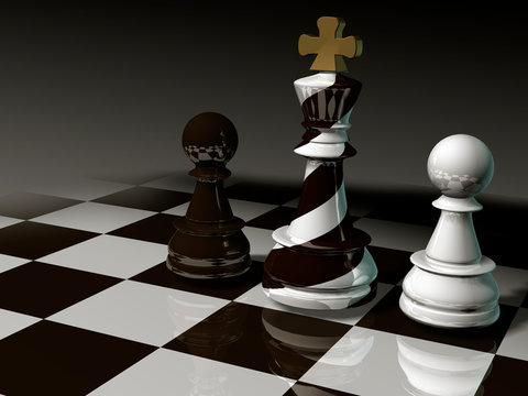 King chess piece with striped or black and white coloring on the chessboard. The concept of betrayal of politicians, treason, espionage. 3D rendering
