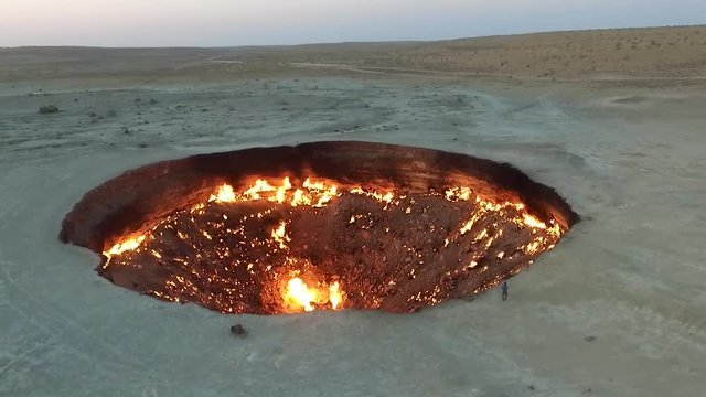 Excellent aerial of the Darvaza gas crater Gates Of Hell fire pit in Derweze, Turkmenistan.