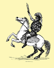 antique rider with sword, graphics, vector image isolated monochrome pen drawing on colored background 