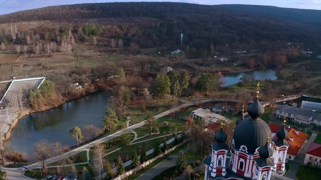 Orbital aerial drone view of Curchi Monastery in Orhei, Moldova