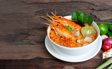 Tom Yum Goong or Shrimp soup spicy sour Soup Traditional food in Thailand contains chili,...