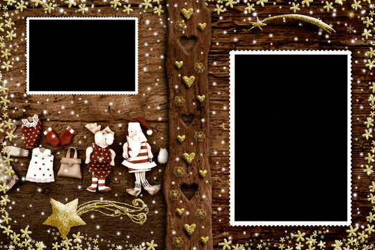 Christmas photo frame greeting card. Vintage Santa Claus dolls