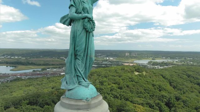 Aerial: flying over Soldiers & Sailors Monument in East Rock Park. Situated next to Yale University. New Haven. Connecticut, US.