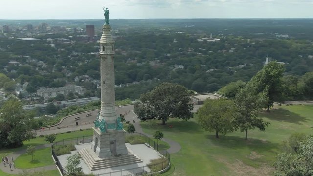 Aerial: flying over Soldiers & Sailors Monument in East Rock Park. Situated next to Yale University. New Haven. Connecticut, US.