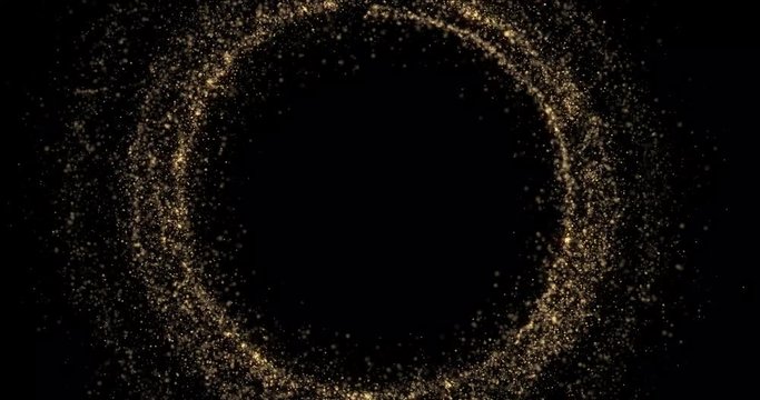 Gold sparkling circle with shimmering glitter particles, Christmas holiday background design. Abstract golden glittery circle frame of magic glittering trails and glowing sparkle twirls