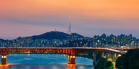 Seoul City Skyline at Night and Seoul Tower