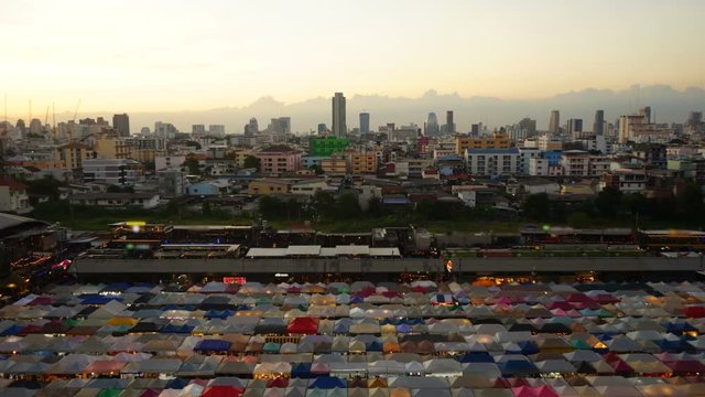 Train Night Market Ratchada sunset in Bangkok Thailand