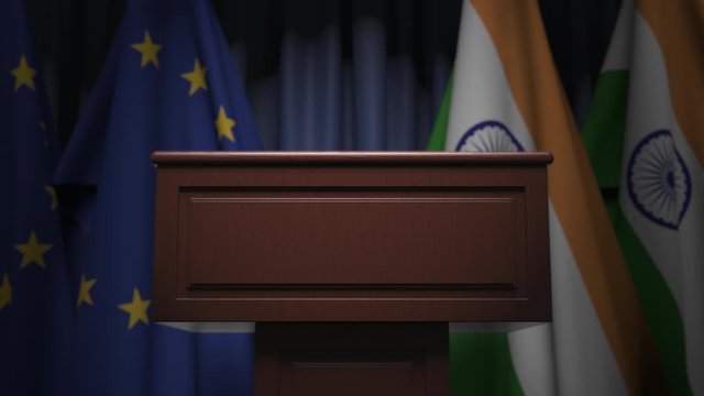 Row of flags of India and the European Union EU and and speaker tribune, conceptual 3D animation