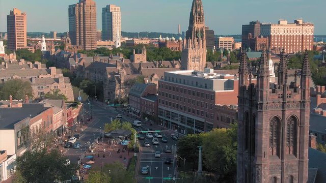 Aerial: Establishing shot of broadway street & church near Yale University t. New Haven, Connecticut, US