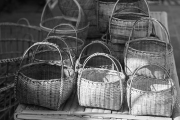 Black and white photos, bamboo wicker Folk crafts of Southeast Asian people
