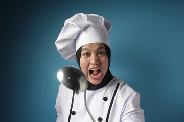 Kungfu Chef, Woman Chef Holding Ladle and Spatula, Ready to Cook