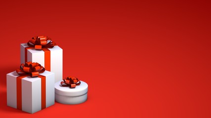 Illustration 3d gifts in white wrapping paper and red ribbons. Christmas and New year festive backdrop. 