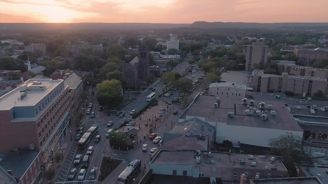 Aerial: Establishing shot of Yale University campus at sunset. New Haven, Connecticut, US. 26 August 2019