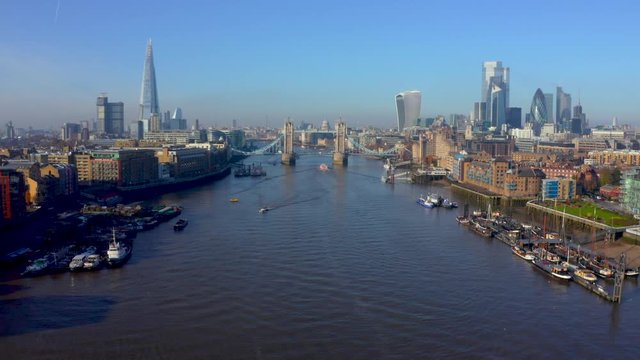 South London Aerial City View around Waterloo, Tower Bridge, Greenwich and Canary Wharf Skyline 4K Ultra HD