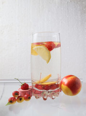 Menu diet plan or program, a glass of cocktail berries, diet food of fresh fruits.  Weight Loss and Detox Concept