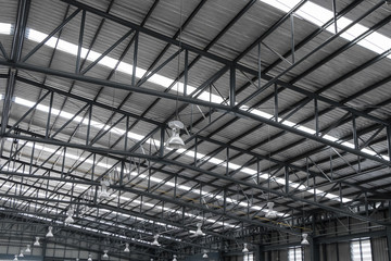 Warehouse metal roofing, Large steel roof structure, bottom view with skylight translucent roof.