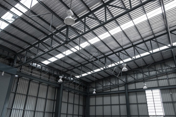 Warehouse metal roofing, Large steel roof structure, bottom view with skylight translucent roof.