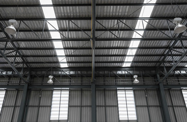 Warehouse metal roofing, Large steel roof structure, bottom view with skylight translucent roof.