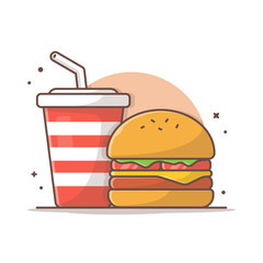 Burger Icon with Soda and Ice Vector Illustration. Hamburger Fast Food Logo. Cafe and Restaurant Menu. Flat Cartoon Style Suitable for Web Landing Page,  Banner, Flyer, Sticker, Card, Background