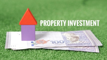 Conceptual image of property investment - house shaped wood block and money on green grass