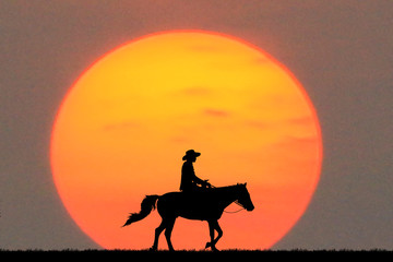 Obraz na płótnie Canvas silhouette cowboy riding a horse on sunrise