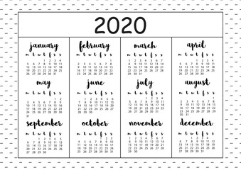 2020 calendar with hand drawn monochrome, sketched elements, A4 format, printable page for notebook, organiser, book.