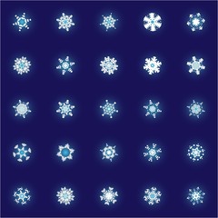 Kit of isolated silhouettes of snowflakes on blue background.