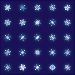 Collection of simple snowflakes on blue background.